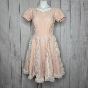 Vintage Square Dance Dress Co Eyelet Lace Ruffle Dress Peach Prairie Style